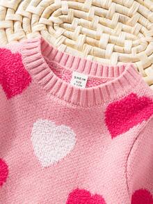 SHEIN Playful Pals 女婴圆领长袖可爱爱心图案套头毛衣，秋冬款 - 粉色 - 查看 3