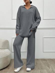 SHEIN Tall طقم من قطعتين/مجموعة بلون موحد كنزة بياقة مطوية وبنطال طويل للنساء الطويلات - رمادي فاتح - مشاهدة 4