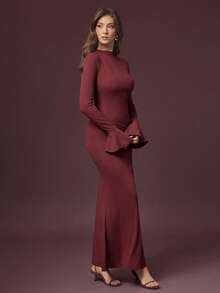 L'Amorae Damen Pullover-Strick-Kleid mit Rückenausschnitt und Stehkragen, gemütlich für Feiertage und Lässig Abende - Rot - Übersicht 5