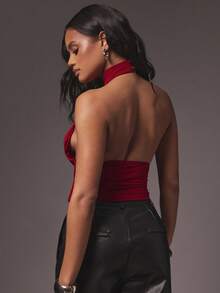 Hauture Maglietta da donna sexy con collo alto, arricciata, con schiena annodata e doppio strato