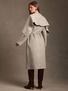 L'Amorae 女士纯色腰带裹身优雅长袖外套 - 卡其色 - 查看 2