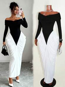 SHEIN Franclia Váy nữ thanh lịch với eo nhún màu tương phản - Đen và trắng - Xem 8