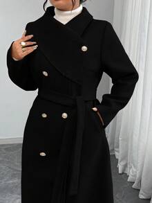 Elenzga Plus Size Women's Solid Color Tie Waist Double-Breasted Long Sleeve Elegant High-Quality Romantic Long Woolen Coat Long Coat Women Coats Winter Coat Women Coat Outerwear Women Trench Coat Women