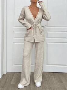 EURMUSE 2pcs/Set Knitted Long Sleeve Top With Pocket And Long Pants - Apricot - View 3