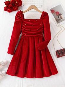 Elladie kids Tween Girl' Long Sleeve Off-Shoulder Beaded A-Line Princess Dress, Spring/Autumn  Princess  Halloween/Christmas Party Dresses For  Vacation  Autumn And Winter - Red - View 7