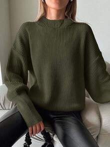 EURMUSE Women Round Neck Raglan Long Sleeve Loose Knit Sweater - Dark Green - View 6