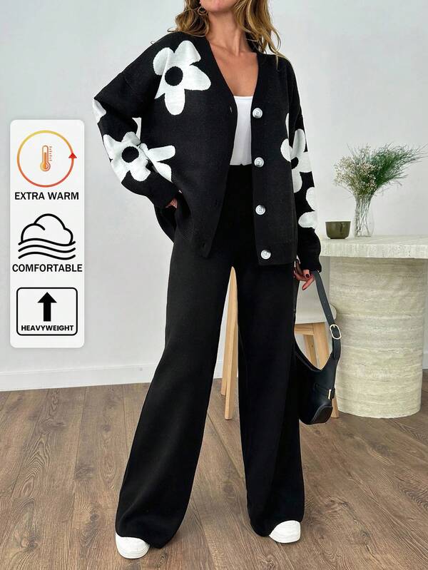 EURMUSE Women Black And White Floral Knit Cardigan And Wide-Leg Knit Pants Set 2 Piece Casual Sets Woman Blazer Set For Women Pant Suit Summer Sets Black And White Jumpsuit Pants Suit