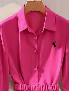 Franclia Women's Casual/Office Commute Equestrian Embroidery Elastic Drawstring Long Sleeve Shirt, Spring/Autumn - Hot Pink - View 7