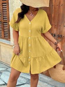 SHEIN Clasi Plus Size V-Neck Textured Fabric Raglan Short Sleeve A-Line Ruffle Hem Casual Vacation Commute Party Dress - Yellow - View 5