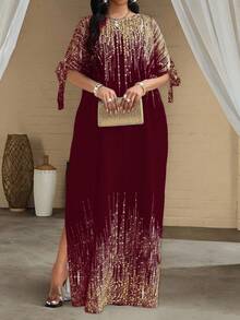 SHEIN Lady 节日连衣裙加大码白色短袖女士长袍宽松垂坠节日新娘送礼会礼服海滩女士高腰修身连衣裙 - 酒紅色 - 查看 5