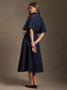 L'Amorae Women Stretch Mock Neck Midi Dress With Flutter Sleeve And Matching Head Scarf - Navy Blue - View 4