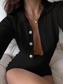 Flirla Women's Solid Color Front Button Fashionable Knitted Long Sleeve Fitted Jumpsuit