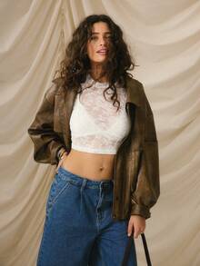 Aralina Women's Fashionable Sheer Lace Cropped Long Sleeve T-Shirt, Autumn