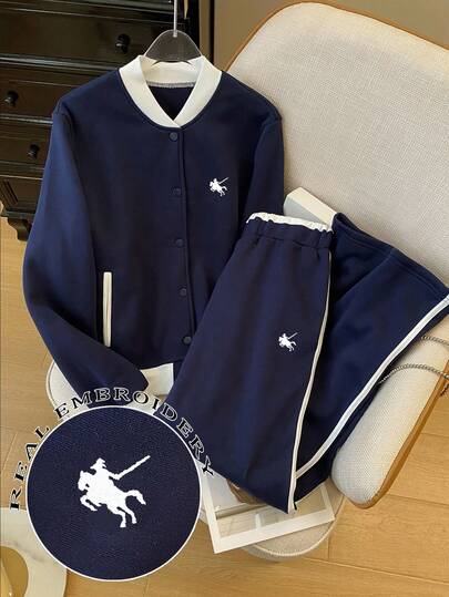 Resyla 2pcs Women Contrast Color Jacket & Wide Leg Casual Pants Set, Autumn Versatile Loose Outfit