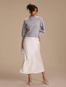 SHEIN Unity 女士新款灰色立领串珠设计毛衣，适合居家和通勤，冬季 - 灰色 - 查看 3