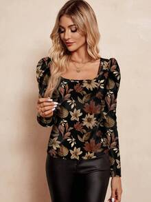 SHEIN Clasi Vintage Maple Leaf Print Puff Sleeve Top - Multicolor - View 5