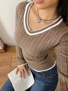 SHEIN EZwear 女士时尚休闲拼色装饰 V 领套头毛衣 秋冬女装 - 卡其色 - 查看 4