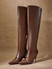 SHUZIA Damen klassische minimalistische sexy Spitze Metall Stilettoabsatz Overknee Stiefel - Schokoladenbraun - Übersicht 6