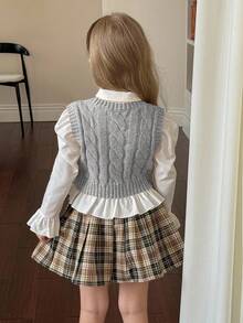 SHEIN Young Girl Ribbed Knit Sweater Vest With Cable Texture, Elegant & Cute, High Quality, Warm & Soft, Versatile For Play, Daily Wear, School, Autumn & Winter,Pairing White Shirt,Back To School Season.College Style, - Light Grey - View 3