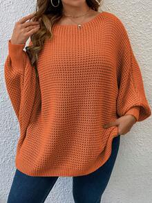 SHEIN LUNE 大码女式蝙蝠袖宽松休闲时尚纯色针织套头衫 - 亮橙色 - 查看 3