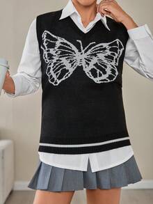 EURMUSE Black V-Neck Knit Sweater Vest With White Butterfly Intarsia – Sleeveless Graphic Pullover For Layering - White - View 4