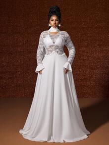 Maweii 大码女式蕾丝拼布派对连衣裙 - 白色 - 查看 2