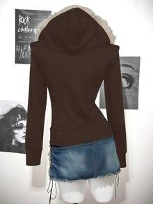 SHEIN ICON Women's Casual Retro Fitted Fur Collar Hooded Regular Jacket Autumn Winter Clothes For Women