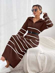 EURMUSE Women's Maxi Length Zipper Stripe Knitwear Dress,Petite - Brown - View 5