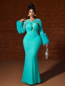 Maweii Váy đuôi cá hở lưng lưới khoét lỗ thanh lịch gợi cảm cỡ lớn - màu xanh lá - Xem 6