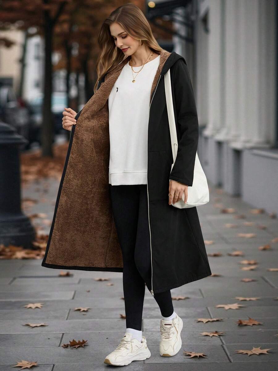 EMERY ROSE 女士蓬松连帽长款常规外套 - 黑色 - 查看 1