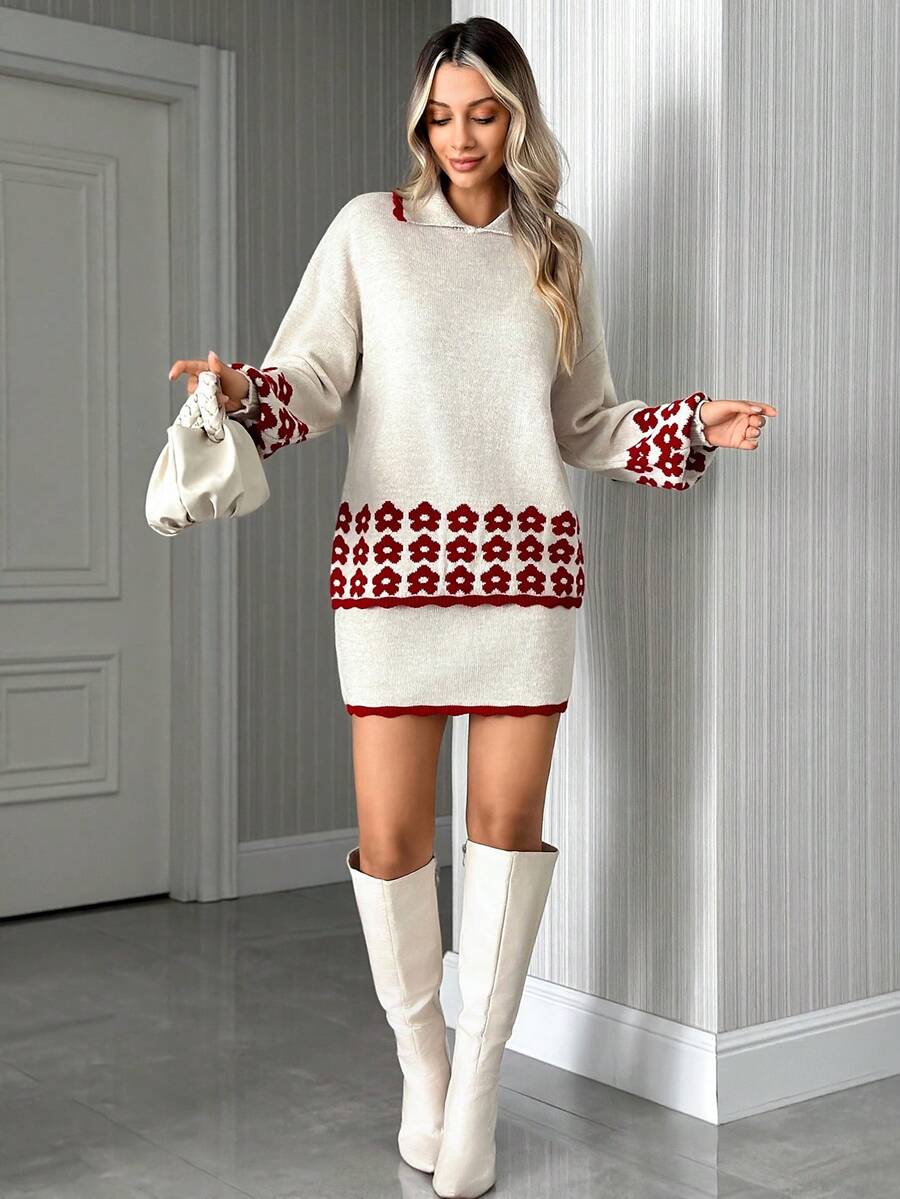 EURMUSE Women Cute Beige Knit Sweater With Red Floral Hem And Contrast Collar & Mini Skirt 2Pcs Set - Beige - View 1