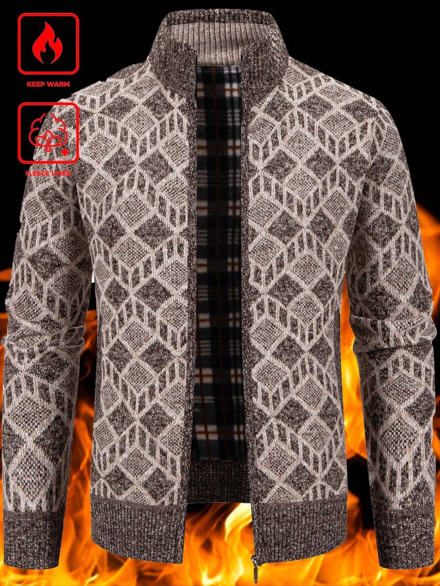 Manfinity Homme Áo khoác len cardigan họa tiết hình học có lớp lót giữ nhiệt cho nam, Thu/Đông - Cà phê nâu - Xem 1
