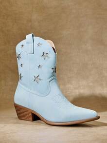 SHUZIA 女式迷人尖头粗跟刺绣西部牛仔踝靴 - 淺藍色 - 查看 2