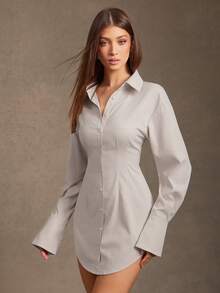 L'Amorae Stretch-Hemdkleid für Damen mit Schnürung auf der Rückseite und französischen Manschetten - Hellgrau - Übersicht 6