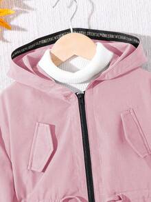 SHEIN 女童休闲字母装饰宽松文字织带连帽口袋中长款派克大衣，风衣，梭织双排扣翻领宽松长款防风外套，休闲军装风，适合通勤和户外活动穿着，Y2K风格，适合返校季，母女亲子装，秋冬季女装 - 淺粉色 - 查看 8