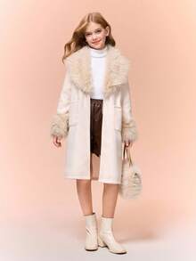 Tween Girls'white Casual Minimalist Overcoat,Fur Collar,Two Pockets,Formal Autumn Winter Outings,Commuting,Walking,Shopping,Can Be Paired With Sweater - Apricot - View 4