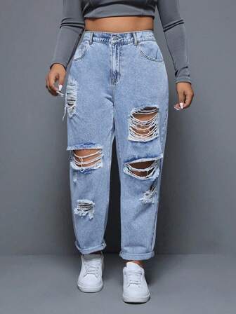 SHEIN CURVE+ 大碼時尚錐形破洞牛仔褲，不彈性