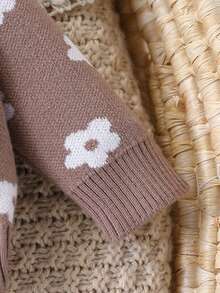 SHEIN 女婴碎花图案圆领长袖提花毛衣，冬季圣诞节万圣节毛衣秋季套头衫 - 卡其色 - 查看 5