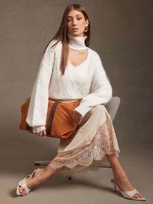 L'Amorae Women Cable Knit Sweater With Front Cut Out Fall - White - View 3