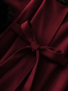 GlowEve CURVE Plus Size Women's Colorblock Overcoat With Faux Fur Collar, Belted - Burgundy - View 6