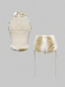 ROMWE Hippie Bộ 2 áo crop top Y2K cổ điển và quần short lông cạp thấp dành cho nữ, mùa thu/đông - màu nâu - Xem 2