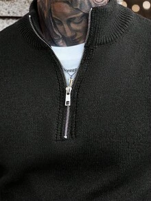 Manfinity Homme Áo len chui đầu tay dài có khóa kéo 1/4 dành cho nam, Thu/Đông - màu đen - Xem 3