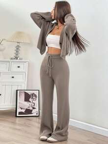 SHEIN EZwear 秋冬女士休闲纯色宽肩带开衫和抽绳腰喇叭裤两件套 - 咖啡棕 - 查看 6