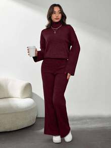 SHEIN Tall Solid Color Long-Sleeved Sweater And Knitted Trousers Two Pieces Set,Petite,Winter Clothes, Tall Women - Burgundy - View 7