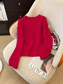 SHEIN LUNE 女式纯色 V 领法式手工钩编 3D 花卉毛衣，秋冬 - 紅色 - 查看 6
