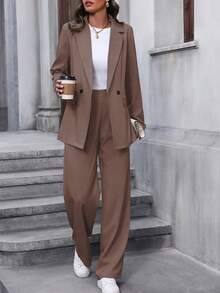 EMERY ROSE 女士纯色翻领长袖时尚百搭套装，女士裤装西装外套套装，棕色裤装套装，女士两件套，女士商务休闲装 - 咖啡棕 - 查看 4