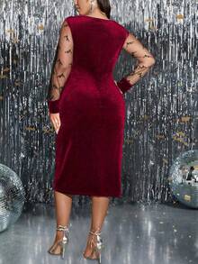 SHEIN Clasi Plus Size Elegant Contrast Color Mesh Patchwork Wrap Dress, Autumn, For Christmas, Thanksgiving Maxi Women Outfit - Burgundy - View 2