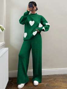 EURMUSE Conjunto de 2 peças de suéter e calça com estampa de coração e gola redonda para mulheres - Multicolorido - Ver 5