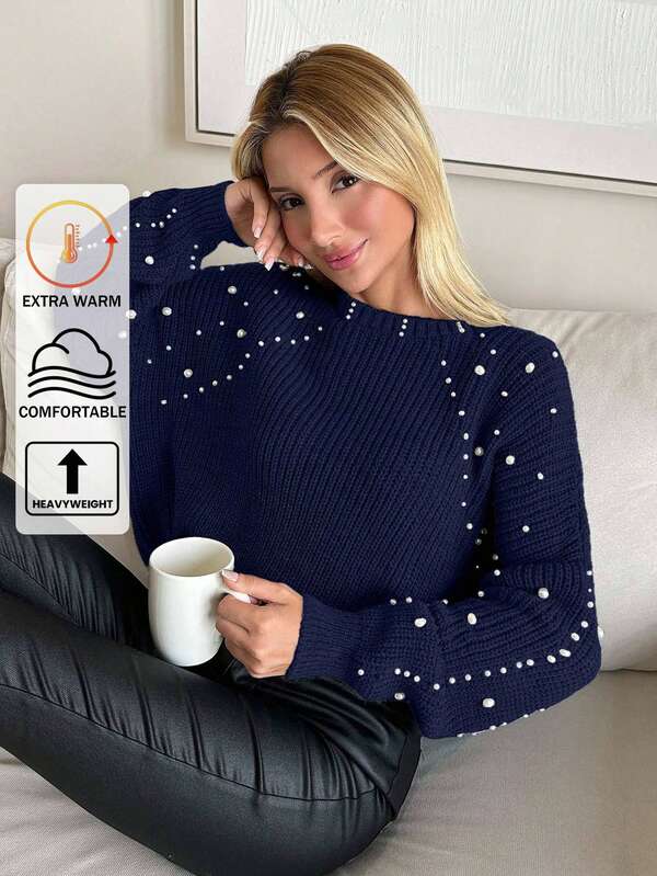 EURMUSE Women Casual Faux Pearl Ribbed Crew Neck Batwing Sleeve Pullover Sweater,Jumper,Cream Jumper,Jumpers,Black Jumper,Womens Jumper,White Jumper,Women's Jumper,Women's Jumpers,Winter Clothes