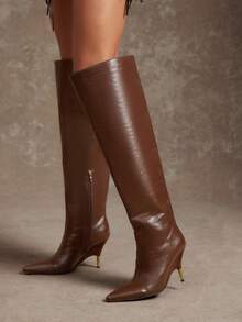 SHUZIA Damen klassische minimalistische sexy Spitze Metall Stilettoabsatz Overknee Stiefel - Schokoladenbraun - Übersicht 5